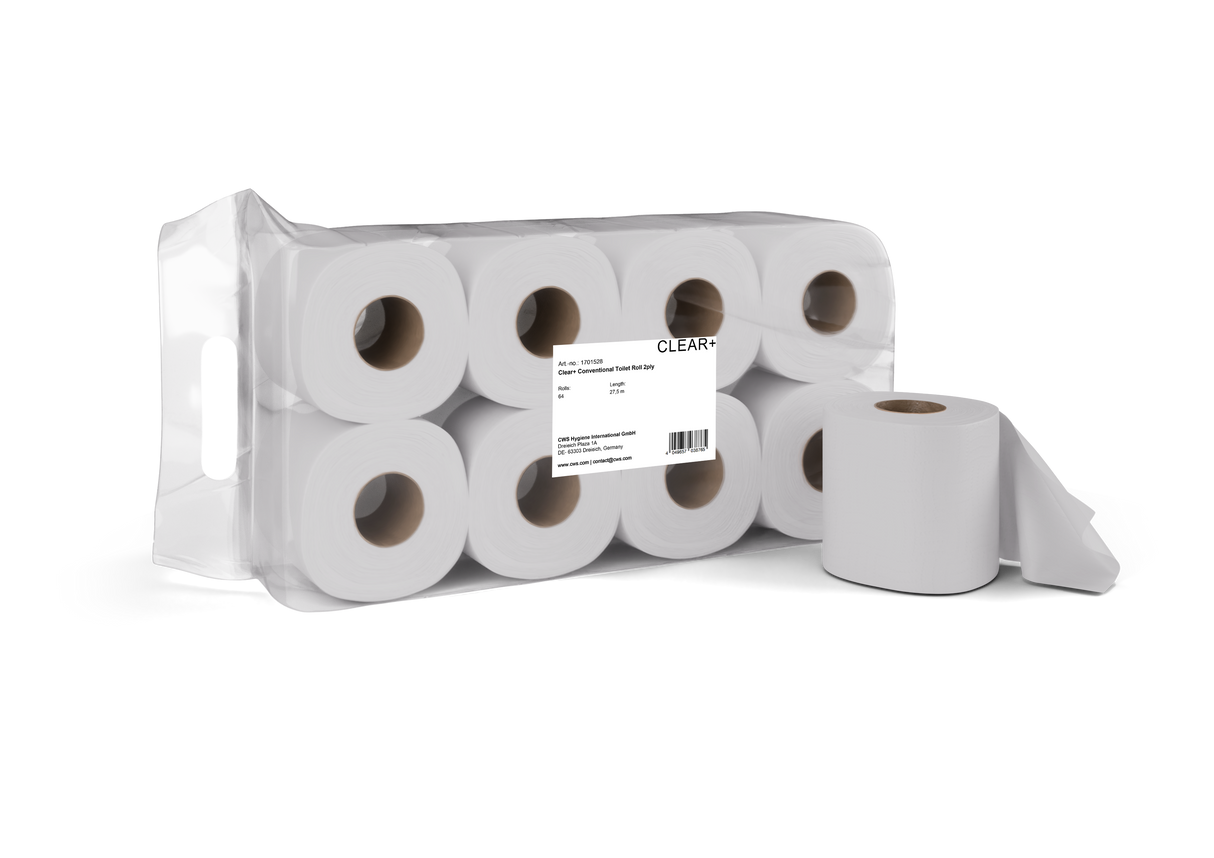 Clear+ Traditioneel Toiletpapier, Rol 2-laags, 64 rollen