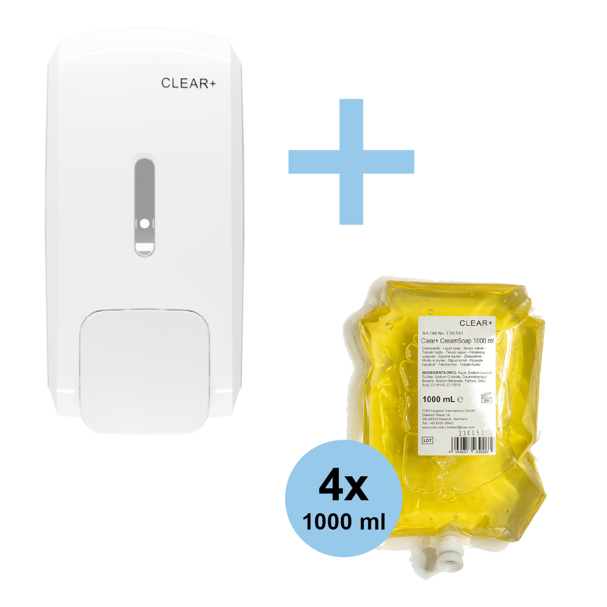 Voordeelbundel: Gratis Clear+ Crème Zeep Dispenser bij 4x 1000ml navulling